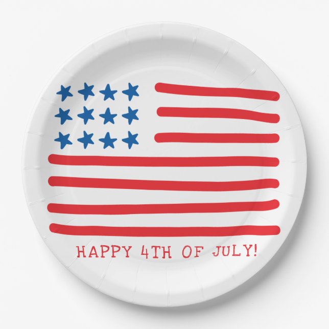 Happy 4th of July | Hand Drawn American Flag Paper Plate (Front)