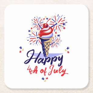 Happy 4th of July Ice Cream Fireworks Summer Party Square Paper Coaster