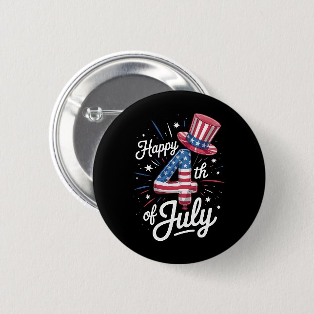 Happy 4th Of July Patriotic American Flag USA 2 Inch Round Button (Front & Back)