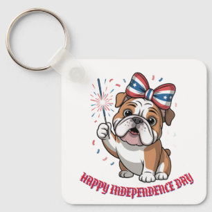 "Happy 4th of July" Patriotic Bulldog Custom Keychain