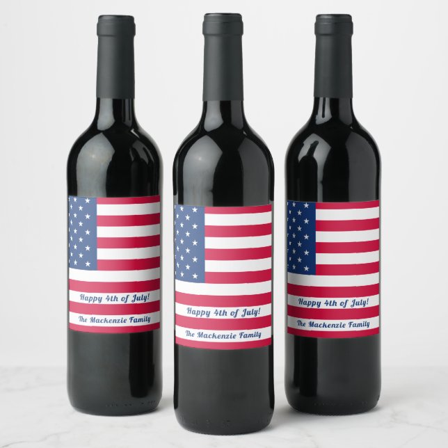 Happy 4th of July | Personalized American Flag Wine Label (Bottles)