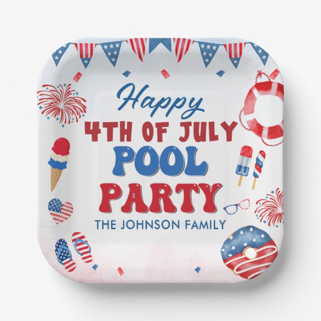 Happy 4th of July Pool Party Summer Paper Plate (Front)
