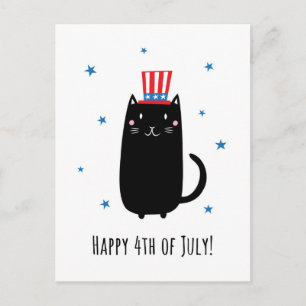 Happy 4th of July postcard with cute, black cat