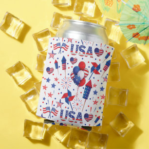 Happy 4th of July Red Blue Cute Party Can Cooler