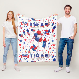 Happy 4th of July Red Blue Cute Party Fleece Blanket