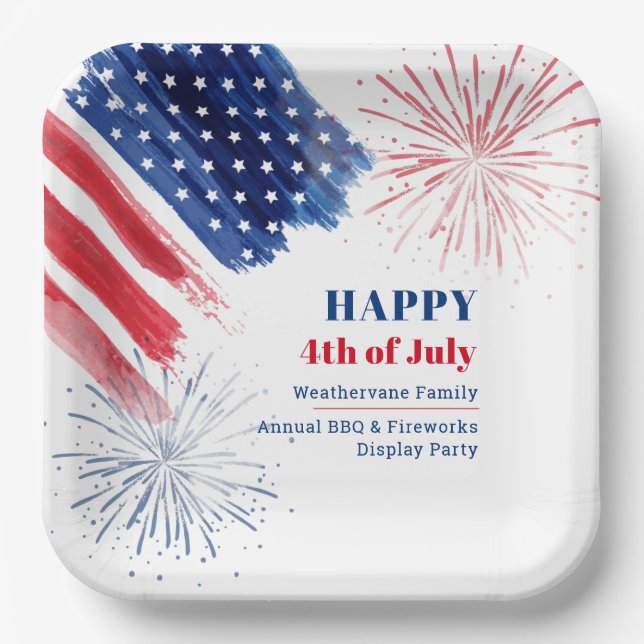 Happy 4th of July Red White and Blue Party Paper Plate (Front)