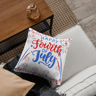 Happy 4TH Of July Red White Blue Cute Anniversary Throw Pillow
