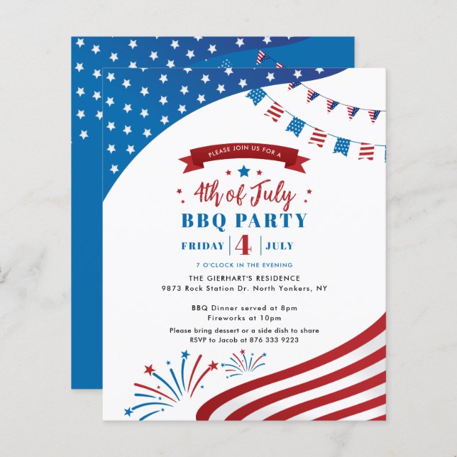 Happy 4th of July Red White Blue Party Invitation (Front/Back)