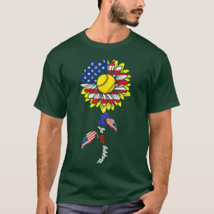 Happy 4th Of July Softball Sunflower American Flag T-Shirt