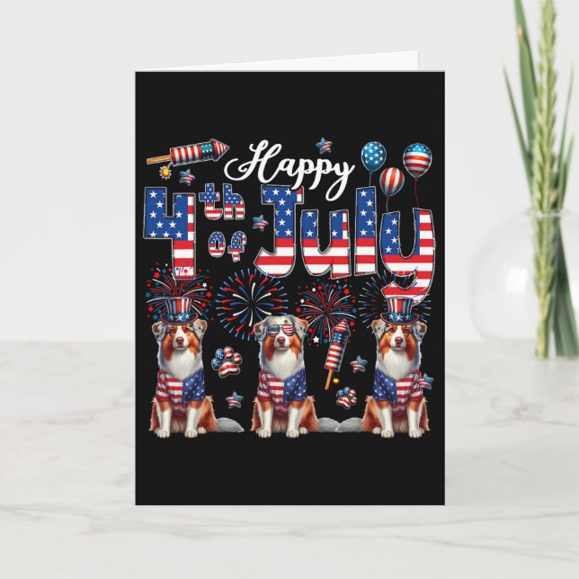 Happy 4th Of July Three Cute Australian Shepherds  Card (Front)