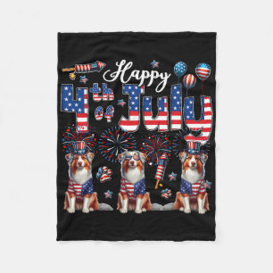 Happy 4th Of July Three Cute Australian Shepherds Fleece Blanket