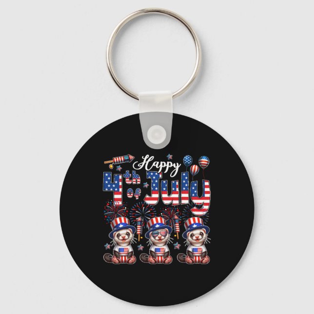 Happy 4th Of July Three Cute Ferrets Sungles Flag  Keychain (Front)