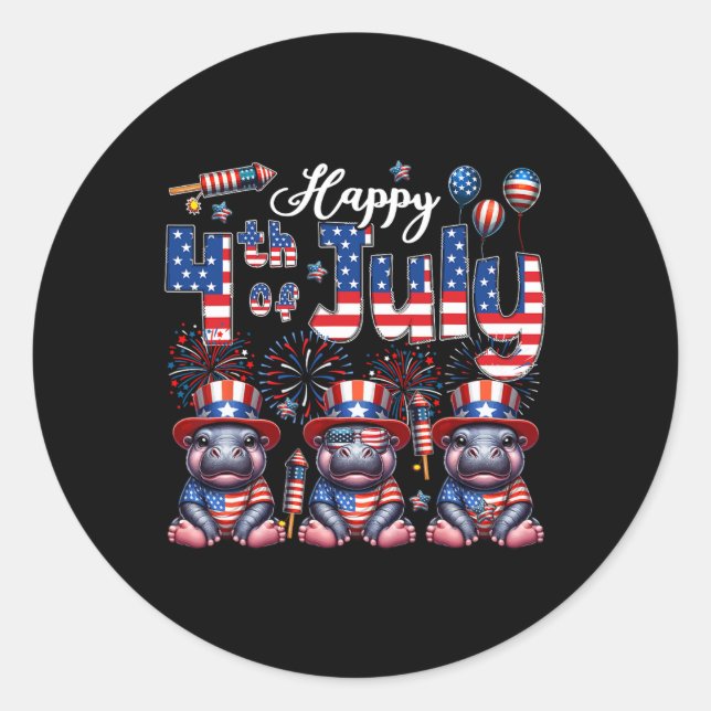 Happy 4th Of July Three Cute Hippos Sungles Flag P Classic Round Sticker (Front)