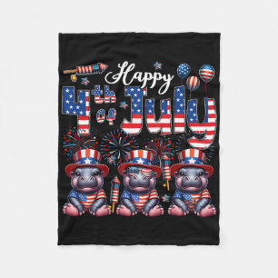 Happy 4th Of July Three Cute Hippos Sungles Flag P Fleece Blanket