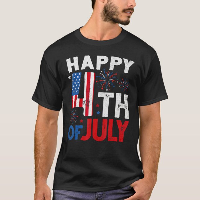 Happy 4th Of July USA Flag Fireworks Firecrackers  T-Shirt (Front)