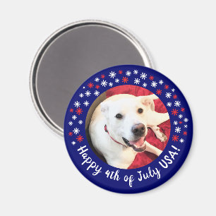 Happy 4th of July USA Funny Smiling Dog Photo Blue Magnet