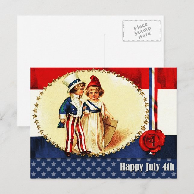 Happy 4th of July. Vintage Patriotic Kids  Postcard (Front/Back)