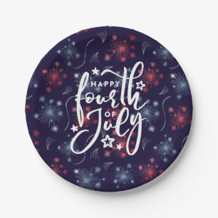 Happy 4th of July w/ Red, Blue & Silver fireworks  Paper Plate