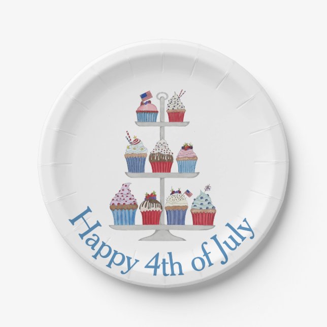 Happy 4th of July watercolor cupcakes Paper Plate (Front)