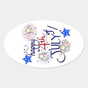 Happy 4th of July! with fireworks and stars Oval Sticker