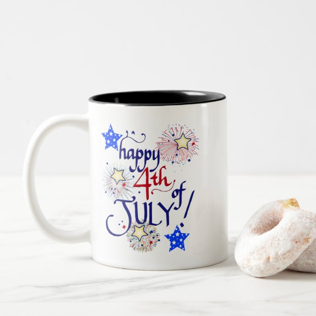 Happy 4th of July! with fireworks and stars Two-Tone Coffee Mug (With Donut)