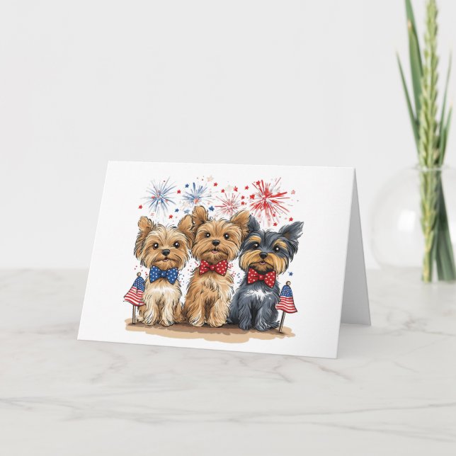 Happy 4th Of July Yorkshire Terrier Dogs Holiday Card (Front)