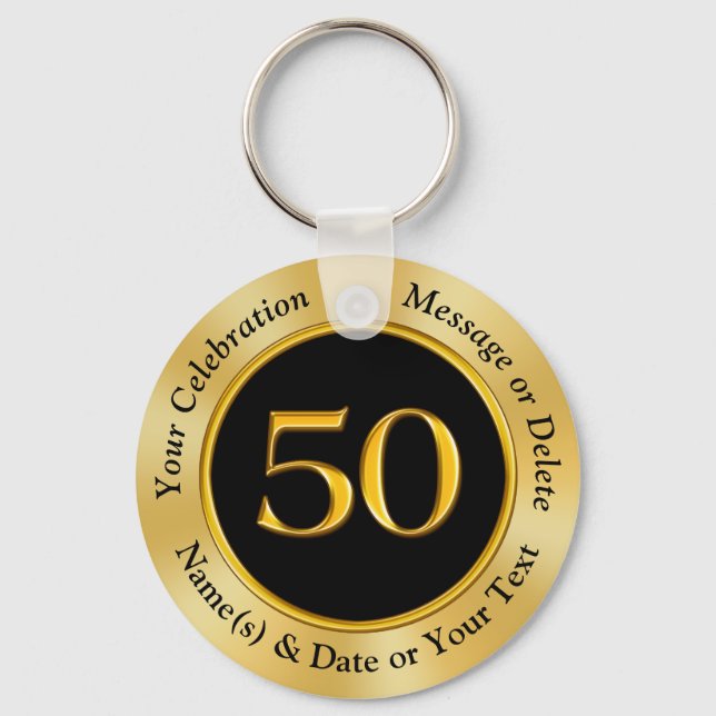 Happy 50th Anniversary Favor Ideas, Black and Gold Keychain (Front)