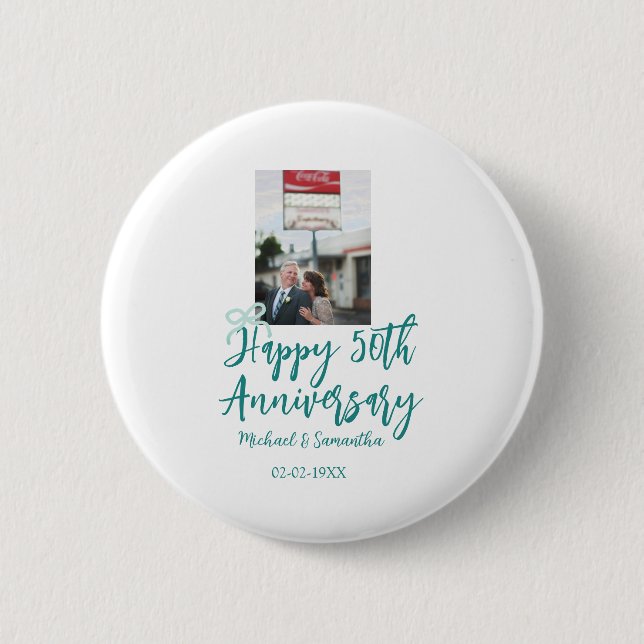 Happy 50th anniversary photo turquoise bow name da 2 inch round button (Front)