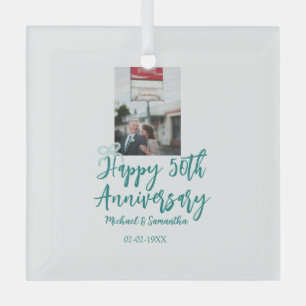 Happy 50th anniversary photo turquoise bow name da glass ornament