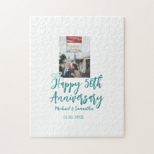 Happy 50th anniversary photo turquoise bow name da jigsaw puzzle