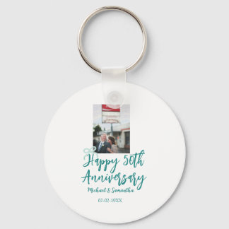 Happy 50th anniversary photo turquoise bow name da keychain