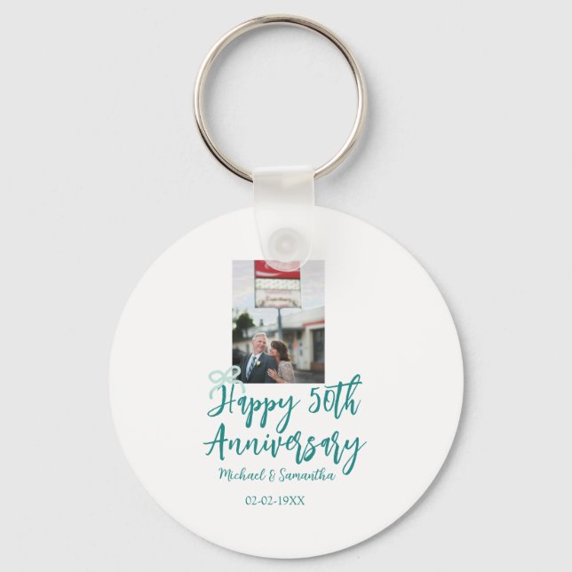 Happy 50th anniversary photo turquoise bow name da keychain (Front)