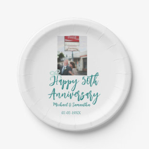 Happy 50th anniversary photo turquoise bow name da paper plate