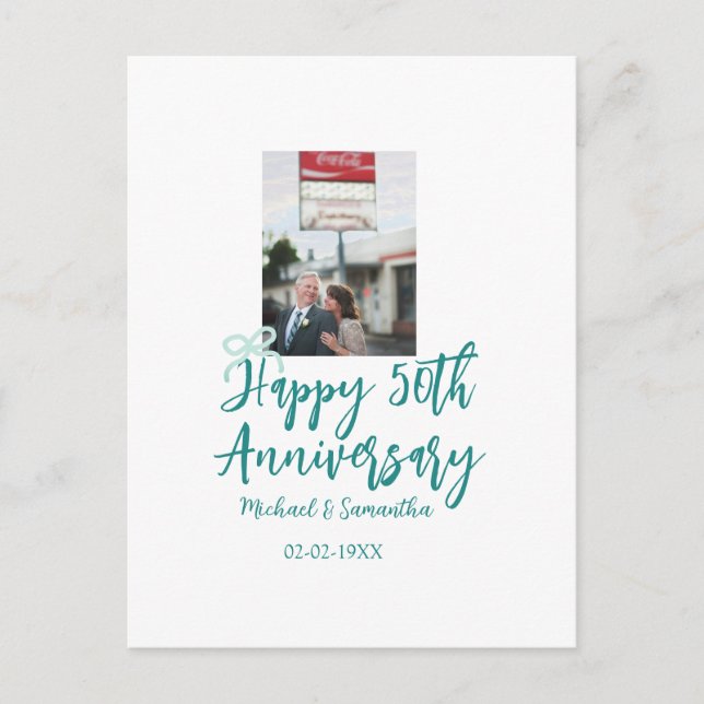 Happy 50th anniversary photo turquoise bow name da postcard (Front)