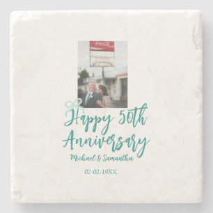 Happy 50th anniversary photo turquoise bow name da stone coaster