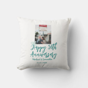 Happy 50th anniversary photo turquoise bow name da throw pillow