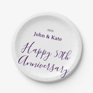 Happy 50th anniversary purple name year simple  paper plate