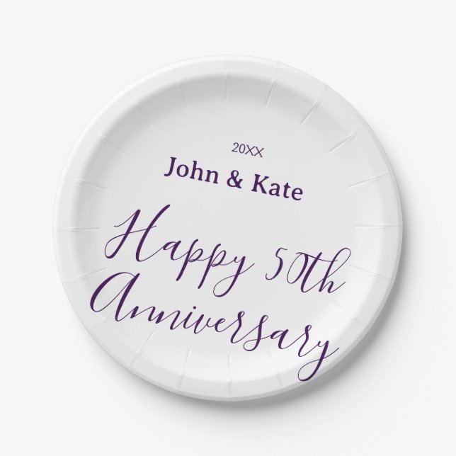 Happy 50th anniversary purple name year simple  paper plate (Front)