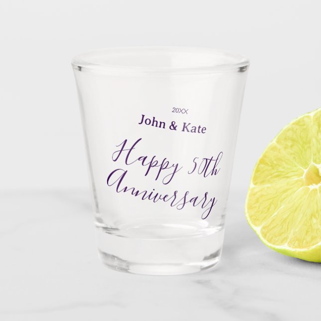 Happy 50th anniversary purple name year simple  shot glass (Front)