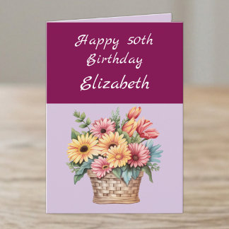 Happy 50th Birthday add name flowers burgundy Card