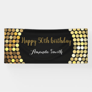 Happy 50th Birthday Banner Black and Gold Glitter