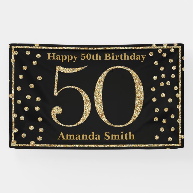 Happy 50th Birthday Banner Black and Gold Glitter (Horizontal)