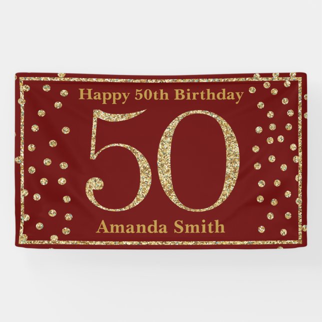 Happy 50th Birthday Banner Burgundy Red Gold (Horizontal)
