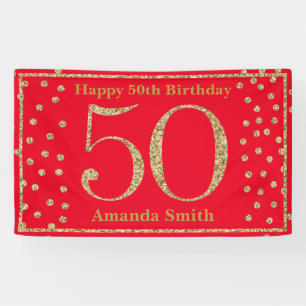 Happy 50th Birthday Banner Red and Gold Glitter