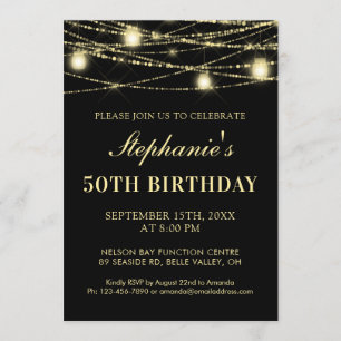 Happy 50th Birthday Black Gold Lights Mason Jars Invitation