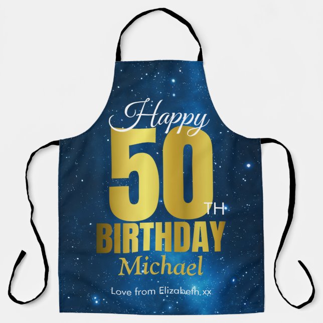 Happy 50th Birthday Blue Gold Apron (Front)