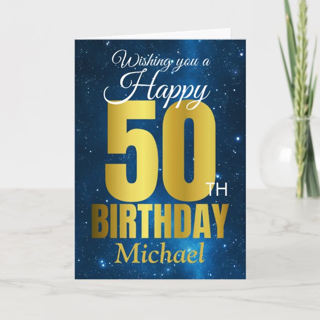 Happy 50th Birthday Blue Gold Card (Front)