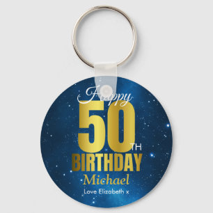 Happy 50th Birthday Blue Gold Keychain