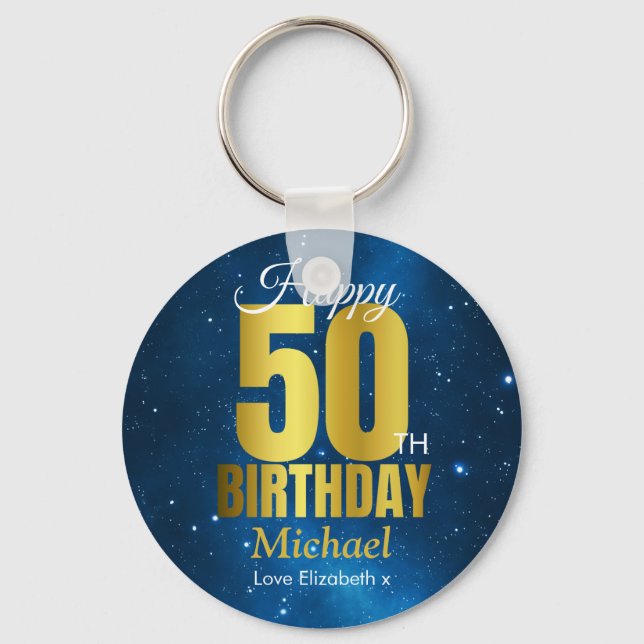 Happy 50th Birthday Blue Gold Keychain (Front)