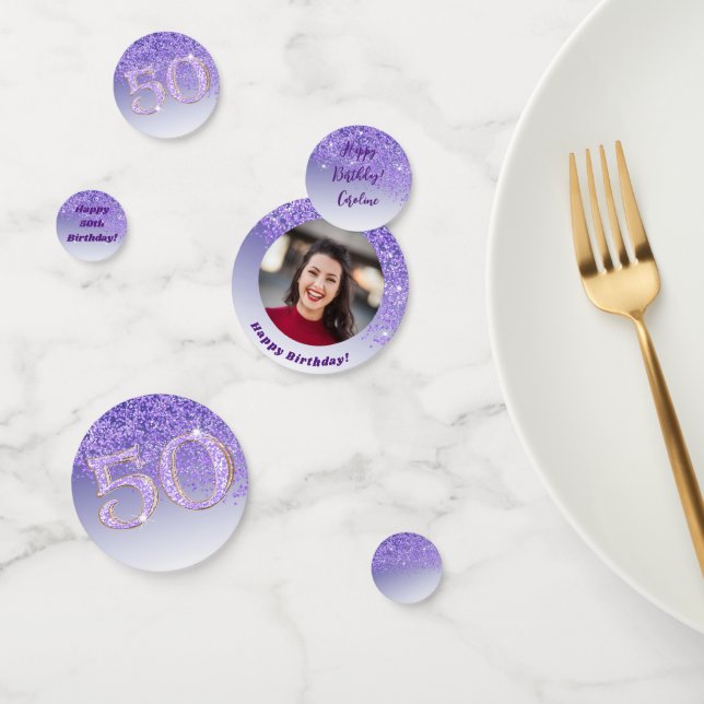 Happy 50th Birthday Chic Falling Purple Glitter Confetti (Group)